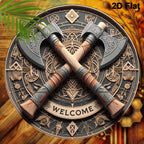 Viking Axe Welcome Sign - 8Inch X 8Inch round Wooden Wall Decor, Suitable for Home, Porch, Living Room, and Office - Perfect Gift for Men