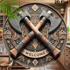 Viking Axe Welcome Sign - 8Inch X 8Inch round Wooden Wall Decor, Suitable for Home, Porch, Living Room, and Office - Perfect Gift for Men