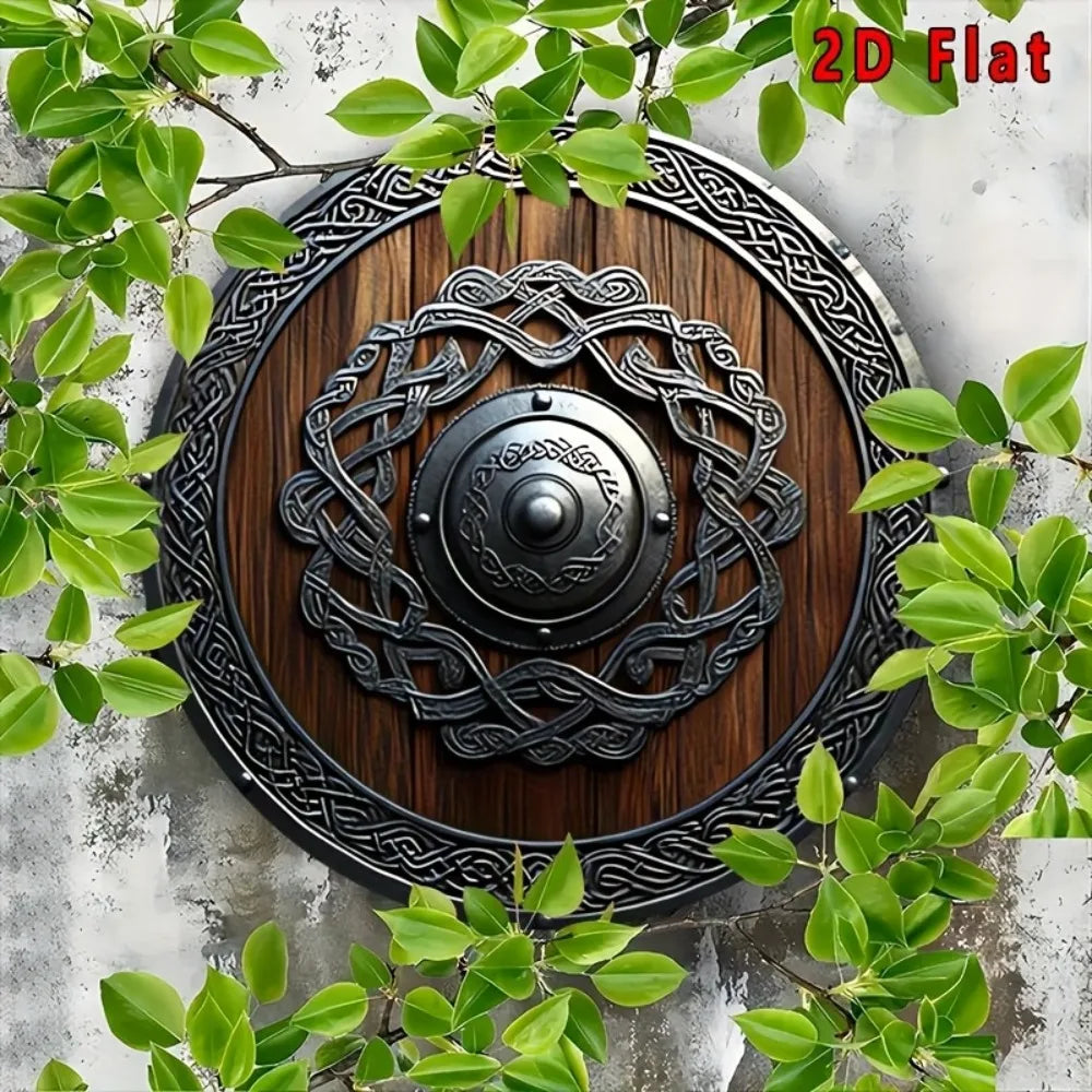 Norse Viking Shield Metal Wall Decor 2D Flat with Celtic Knots Dark Brown Home Office Bar Cafe