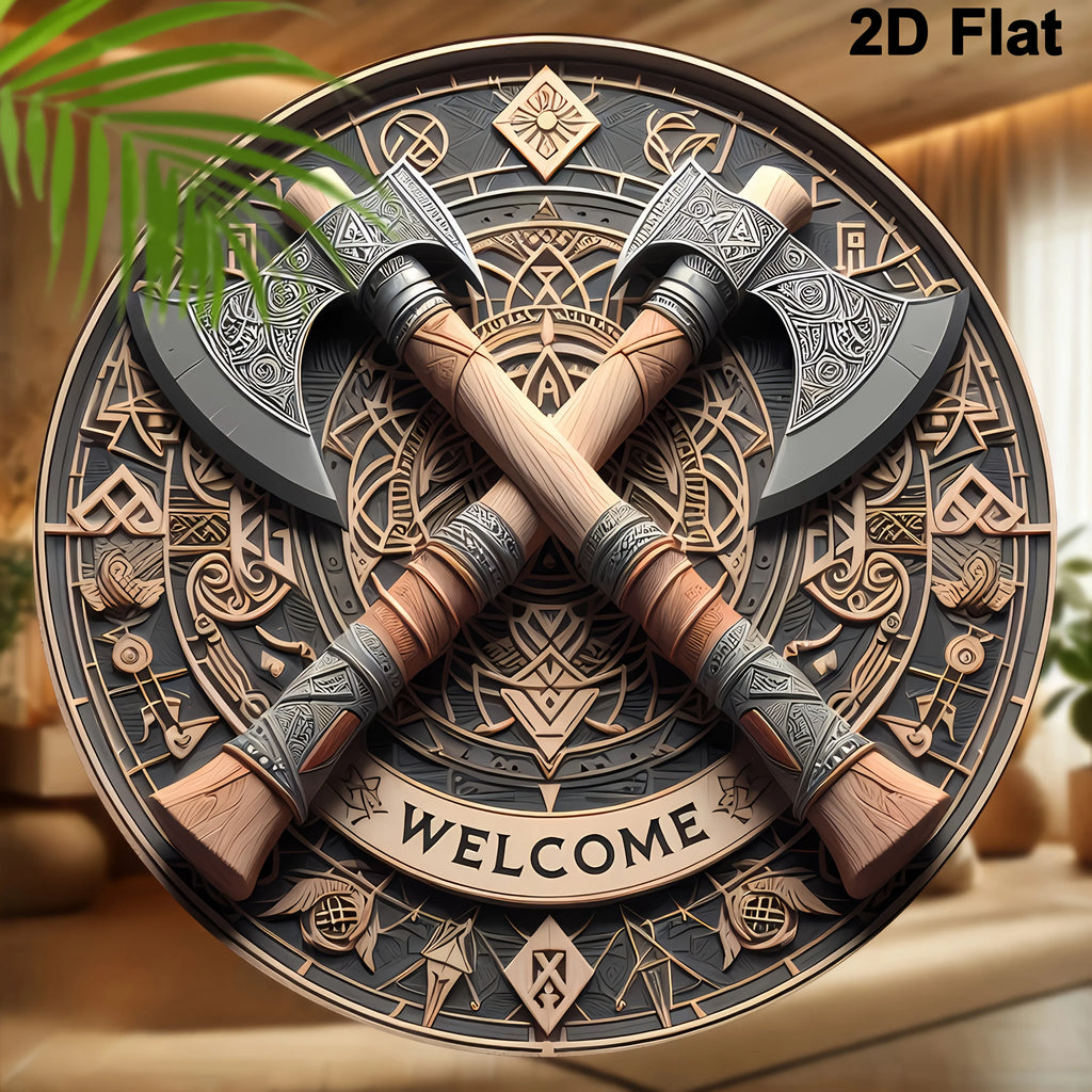 Viking Axe Welcome Sign - 8Inch X 8Inch round Wooden Wall Decor, Suitable for Home, Porch, Living Room, and Office - Perfect Gift for Men