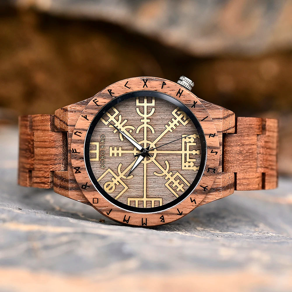 Viking Vegvisir Man'S Wooden Watches Vintage Watch for Men Wood Clock