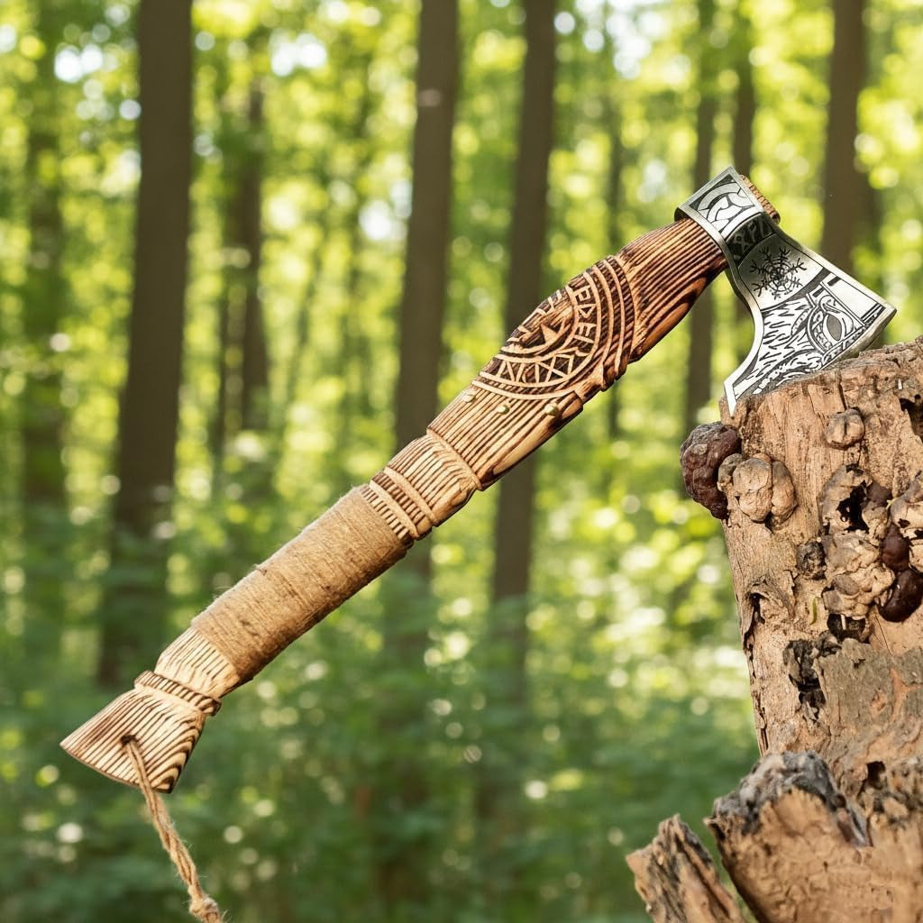 Hand Forged Viking Axe – Carbon Steel Blade with Ash Wood Handle and Leather Sheath, Camping, Hunting, Outdoor Hatchet Valhalla Ax, Medieval Axe, Authentic Norse Axe, Historical Gift for Men