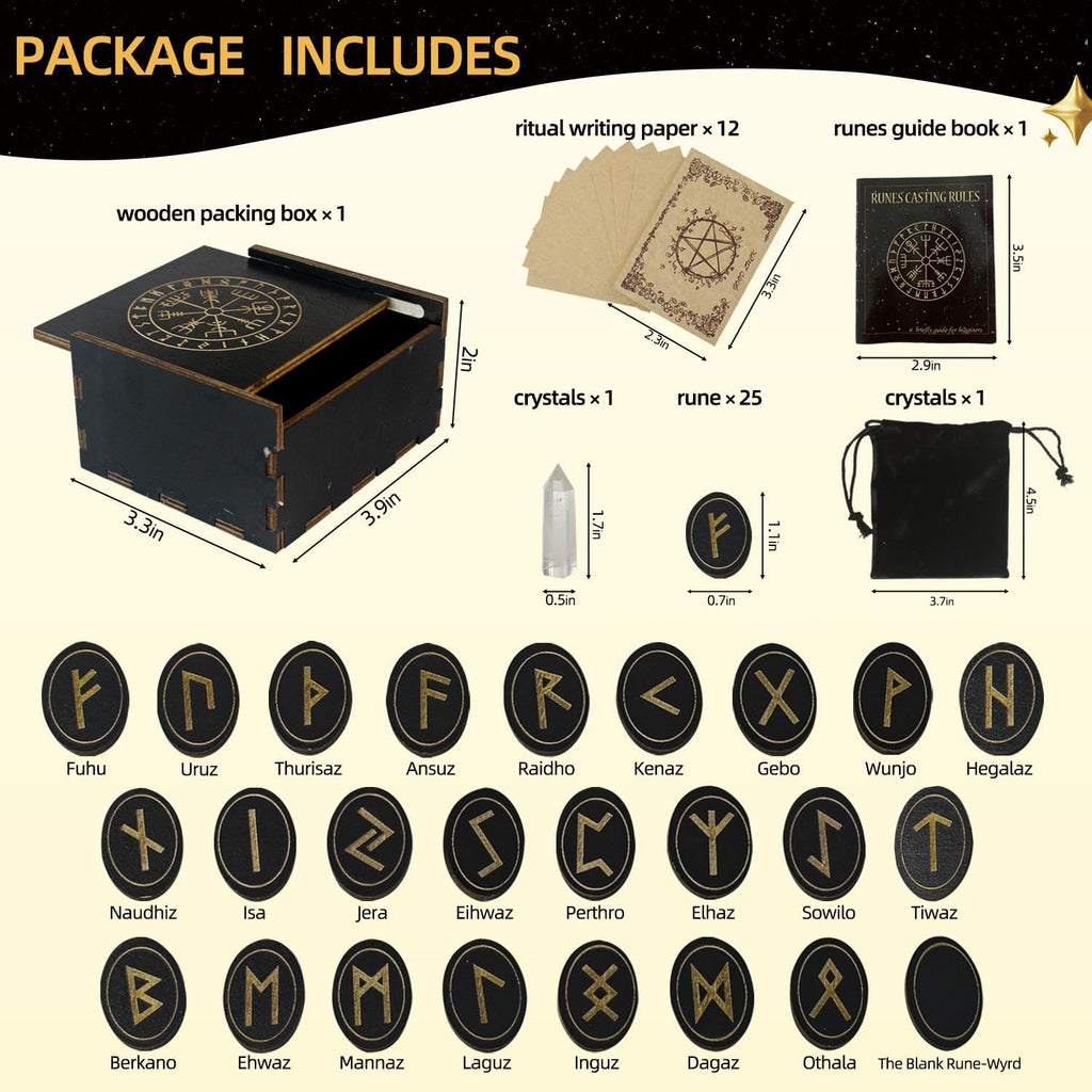Runes, Wooden Runes Set with Guide Book,Healing Crystal Velvet Bag | Runes for Beginners, Witchcraft/Divination/Meditation/Spiritual
