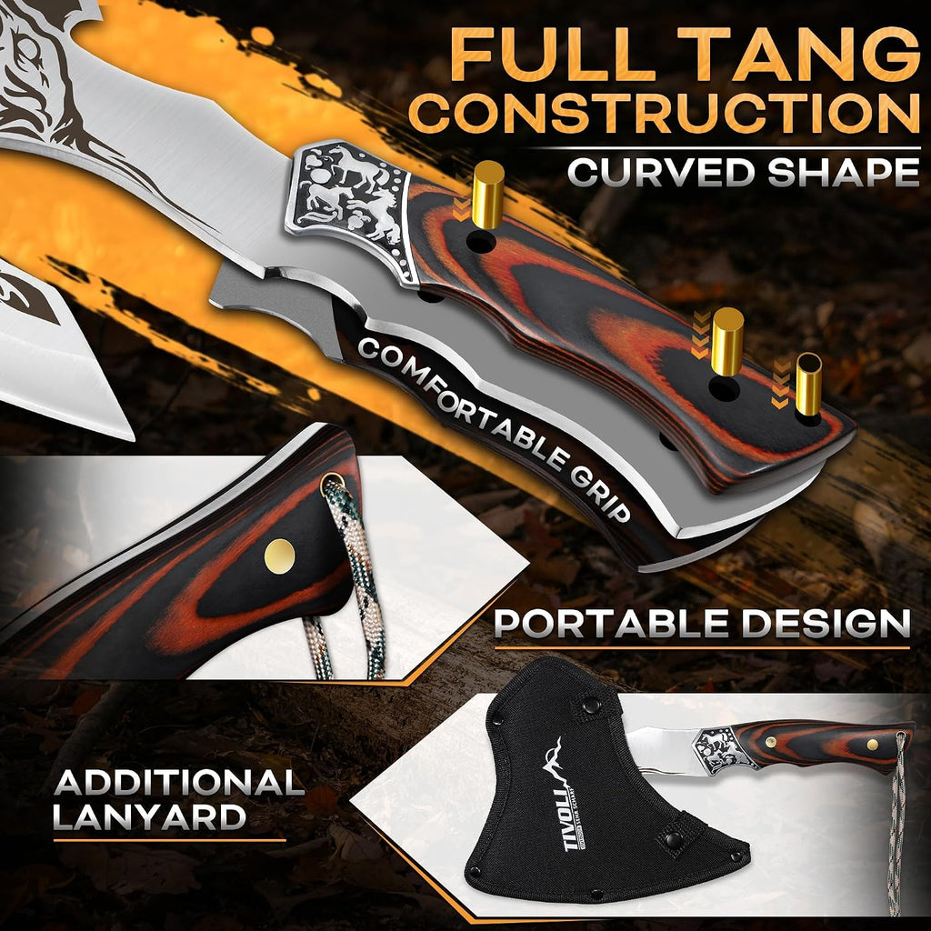 Camping Axe, Tiger - Patterned Survival Hatchet with Nylon Sheath | High Carbon Steel Blade, Ergonomic Wood Grip, Nylon Sheath, Unique Pattern Design, for Hiking, Chopping, Hunting