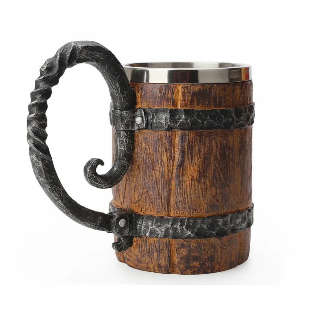 Viking Beer Mug – Double Wall Insulated Wood Style Drinking Cup with Handle