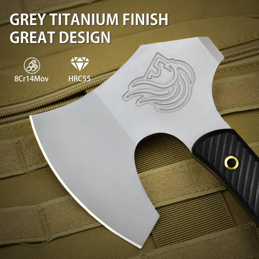 12.2" Tactical Tomahawk Viking Axe with Leather Sheath G10 Handle | Heavy Duty Full Tang Viking Axe with 4.3" Titanium Coated Blade, Viking Bearded Tomahawk Hatchet for Outdoor Survival Camping