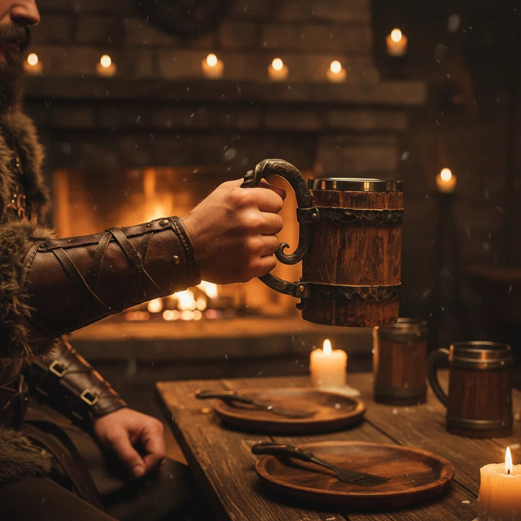 Viking Beer Mug – Double Wall Insulated Wood Style Drinking Cup with Handle
