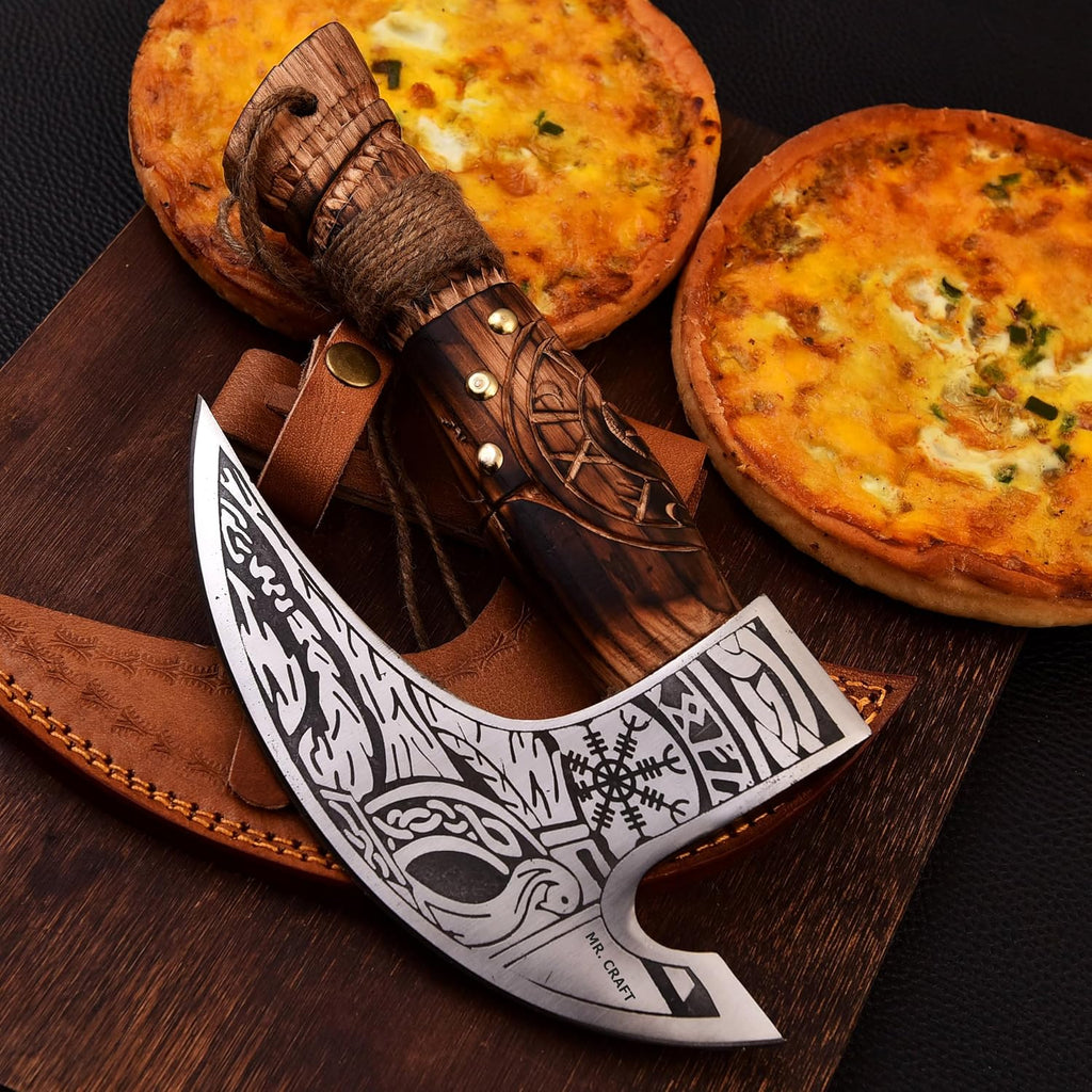 Pizza Cutter Axe Carbon Steel Slicer Chef Viking Axe with Leather Cover - Premium Pizza Oven Accessories Ulu Rocking Pizza Gifts for Men (Engraved Ash Wood)