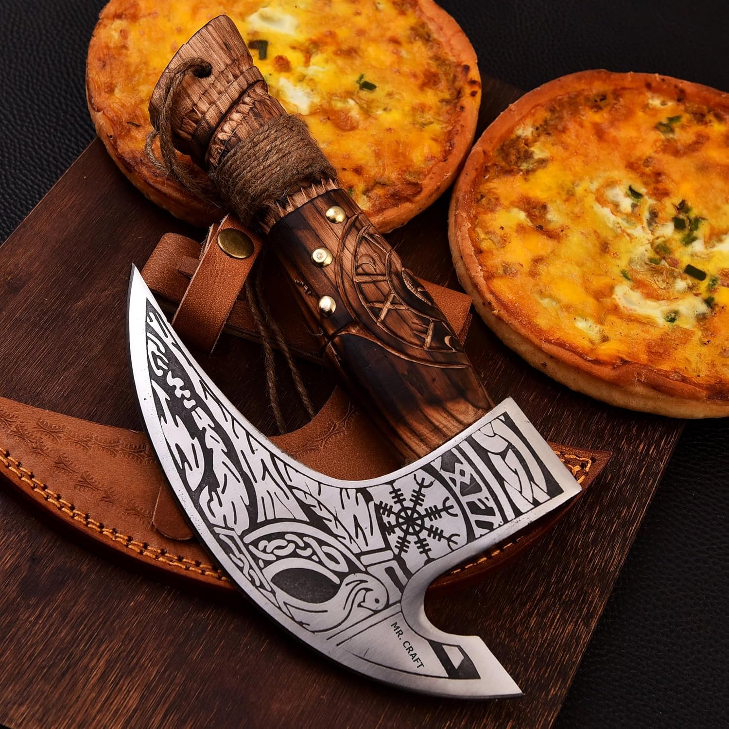 Pizza Cutter Axe Carbon Steel Slicer Chef Viking Axe with Leather Cover - Premium Pizza Oven Accessories Ulu Rocking Pizza Gifts for Men (Engraved Ash Wood)