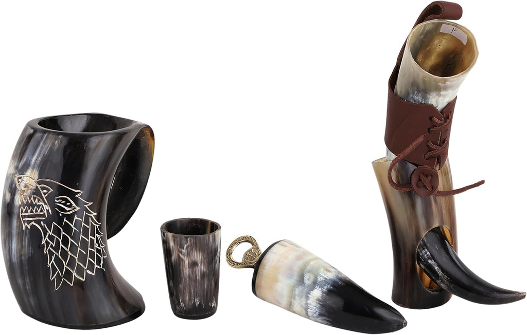 Viking Drinking Horn Mug & Cup Set | 6-Piece Collection with 16Oz Dire Wolf Engraved Mead & Beer Mug, Shot Glass, Bottle Opener, Leather Strap, Drinking Horn & Stand | Norse Gift for Men