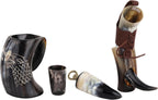 Viking Drinking Horn Mug & Cup Set | 6-Piece Collection with 16Oz Dire Wolf Engraved Mead & Beer Mug, Shot Glass, Bottle Opener, Leather Strap, Drinking Horn & Stand | Norse Gift for Men