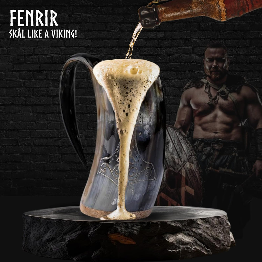 Viking Drinking Horn Mug Set 16 Oz – Gifts for Men, Dad, Husband – Unique Viking Gift – Handmade Real Ox Horn Cup with Shot Glass & Opener – for Beer, Ale, Mead (Thor Shine Finish)