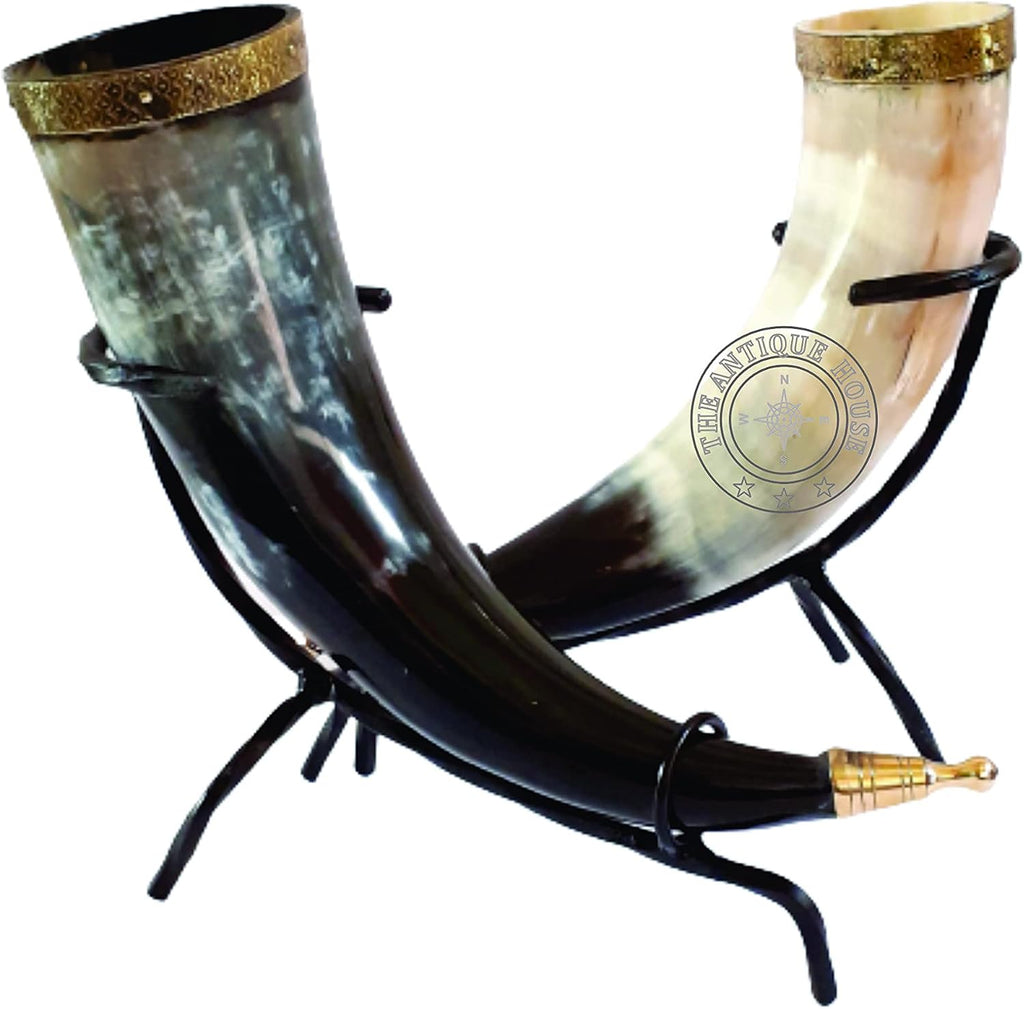 Set of Two Ox Horn Drinking Beer Mug Brass Rim Medieval Viking Cup with Iron Stand