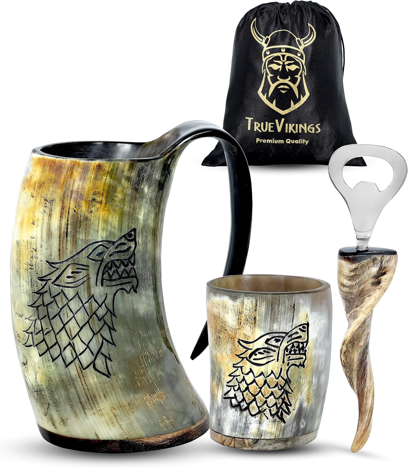 Drinking Horn Mug 16-20 Oz – Gifts for Men, Dad, Husband – Unique Viking Gift – Handmade Authentic Ox Horn Cup with Shot Glass & Opener – for Beer, Ale, Mead – Natural Polished (Fenrir)
