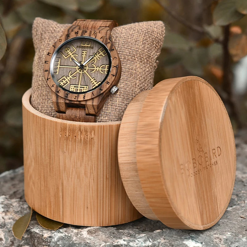 Viking Vegvisir Man'S Wooden Watches Vintage Watch for Men Wood Clock