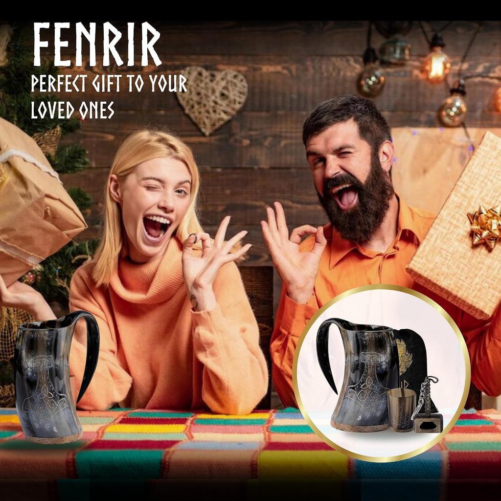 Viking Drinking Horn Mug Set 16 Oz – Gifts for Men, Dad, Husband – Unique Viking Gift – Handmade Real Ox Horn Cup with Shot Glass & Opener – for Beer, Ale, Mead (Thor Shine Finish)