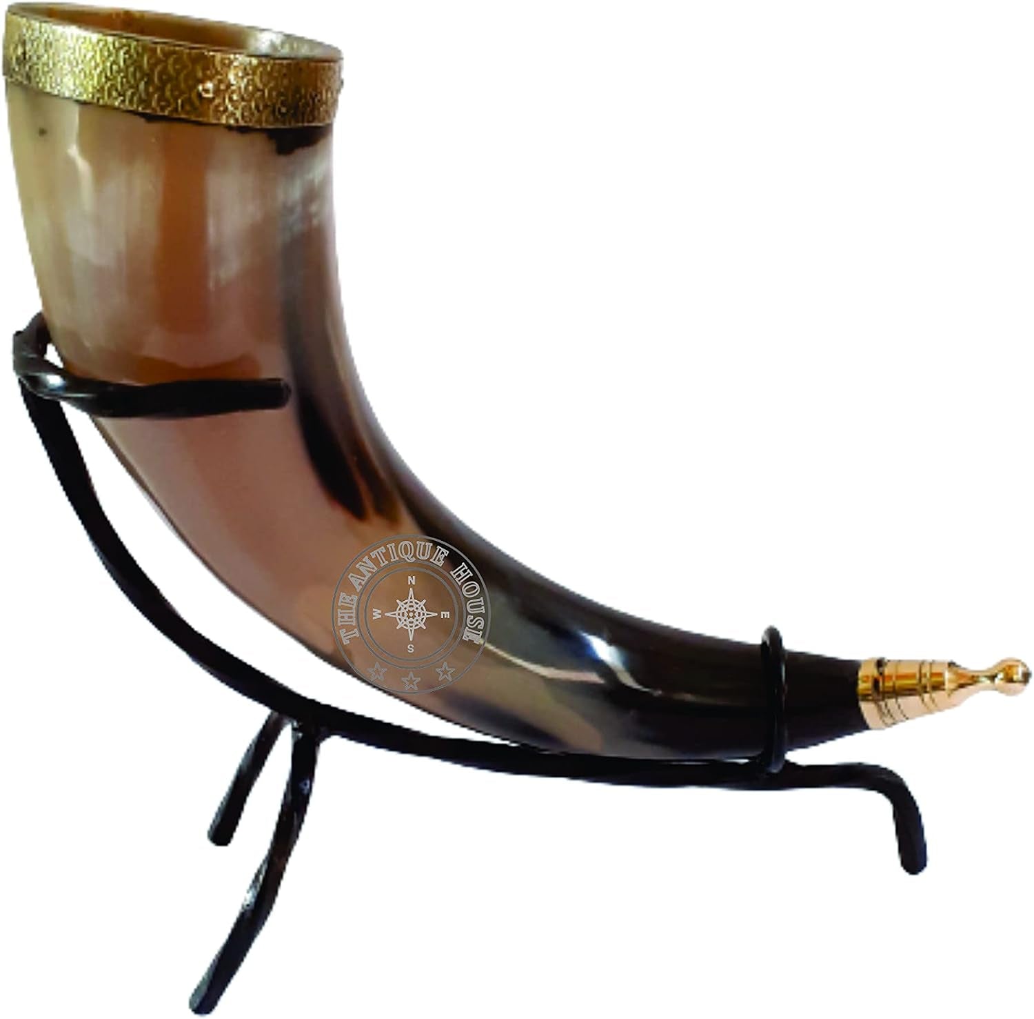 Set of Two Ox Horn Drinking Beer Mug Brass Rim Medieval Viking Cup with Iron Stand