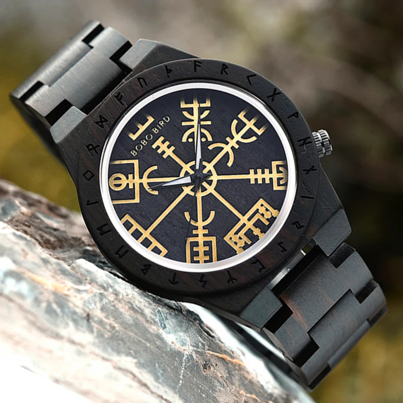 Viking Vegvisir Man'S Wooden Watches Vintage Watch for Men Wood Clock
