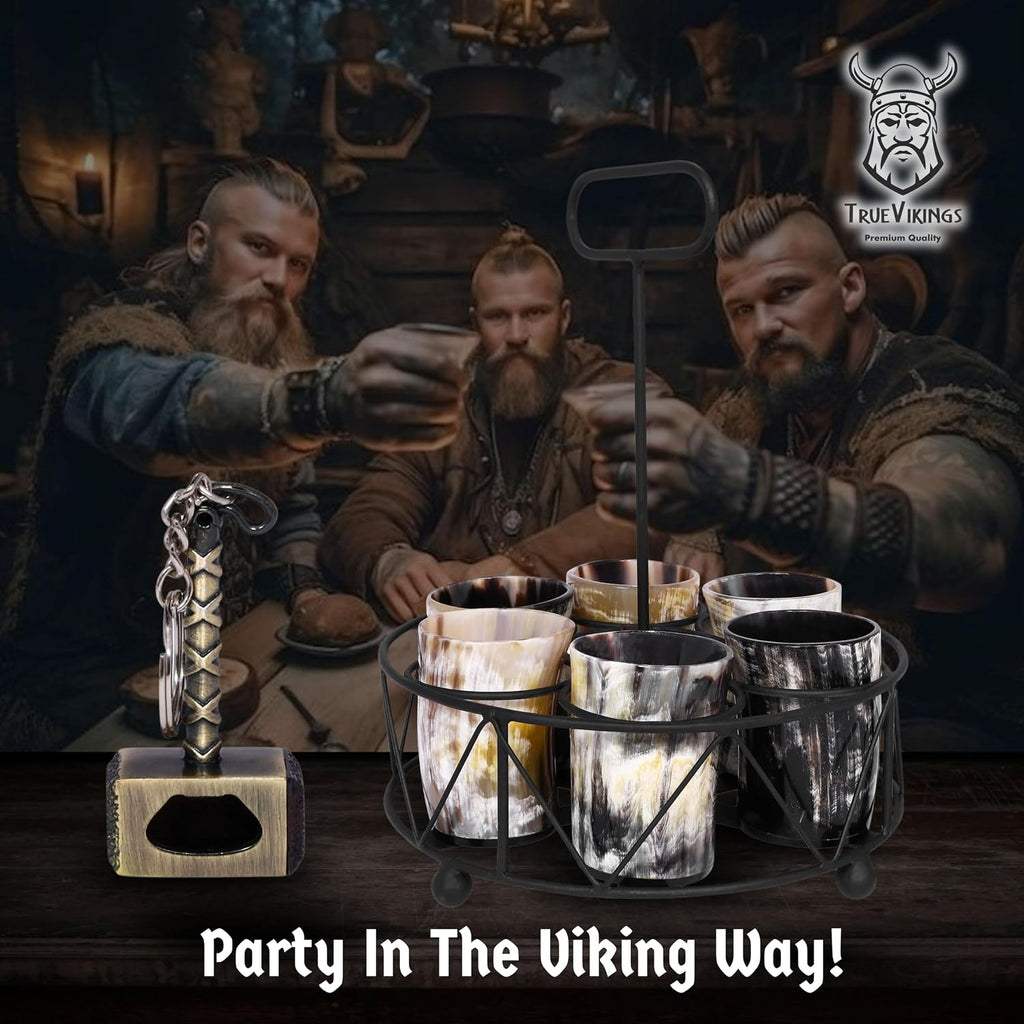 Drinking Horn Cup Set of 6 – Unique Viking Gifts for Men, Dad, Husband – Natural Ox Horn Shot Glasses with Thor Bottle Opener & Metal Caddy – Leak-Proof – for Beer, Ale, Mead (5 Oz/Glass)