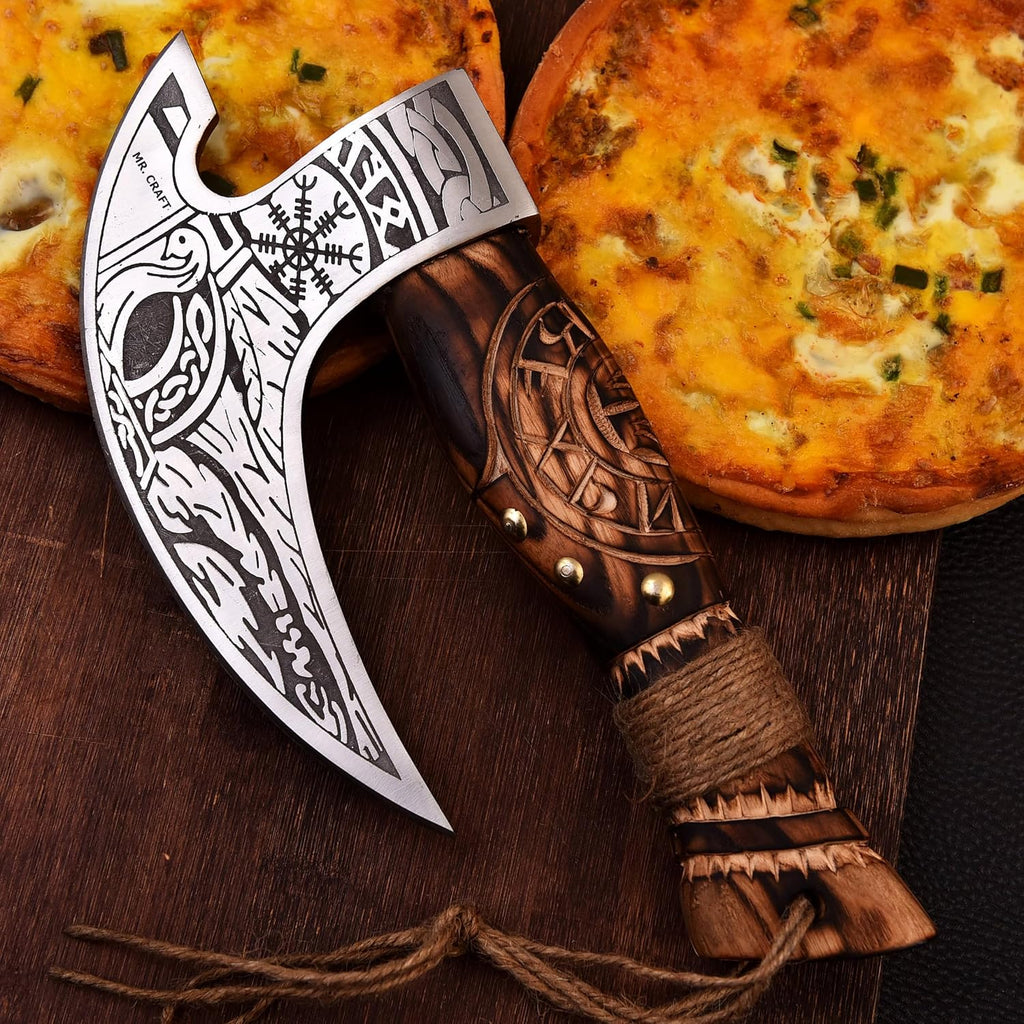 Pizza Cutter Axe Carbon Steel Slicer Chef Viking Axe with Leather Cover - Premium Pizza Oven Accessories Ulu Rocking Pizza Gifts for Men (Engraved Ash Wood)