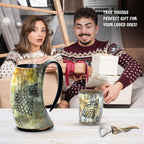 Drinking Horn Mug 16-20 Oz – Gifts for Men, Dad, Husband – Unique Viking Gift – Handmade Authentic Ox Horn Cup with Shot Glass & Opener – for Beer, Ale, Mead – Natural Polished (Fenrir)