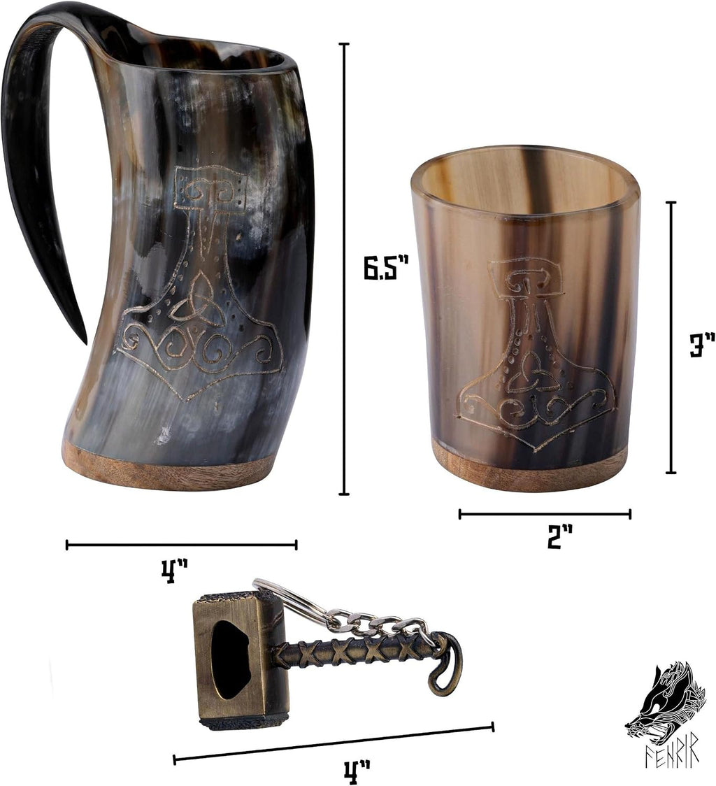 Viking Drinking Horn Mug Set 16 Oz – Gifts for Men, Dad, Husband – Unique Viking Gift – Handmade Real Ox Horn Cup with Shot Glass & Opener – for Beer, Ale, Mead (Thor Shine Finish)