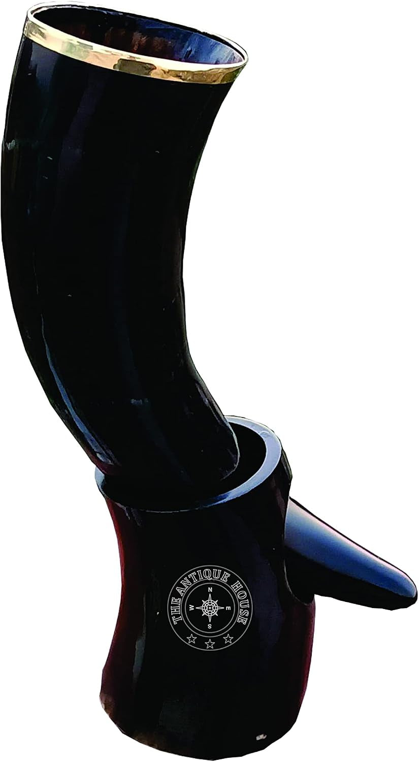 100% Natural Black Viking Drinking Horn Mug Cup with Stand for Beer Wine Mead