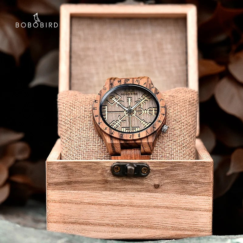 Viking Vegvisir Man'S Wooden Watches Vintage Watch for Men Wood Clock