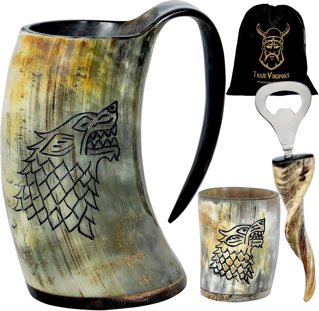 Drinking Horn Mug 16-20 Oz – Gifts for Men, Dad, Husband – Unique Viking Gift – Handmade Authentic Ox Horn Cup with Shot Glass & Opener – for Beer, Ale, Mead – Natural Polished (Fenrir)