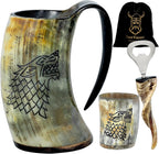 Drinking Horn Mug 16-20 Oz – Gifts for Men, Dad, Husband – Unique Viking Gift – Handmade Authentic Ox Horn Cup with Shot Glass & Opener – for Beer, Ale, Mead – Natural Polished (Fenrir)