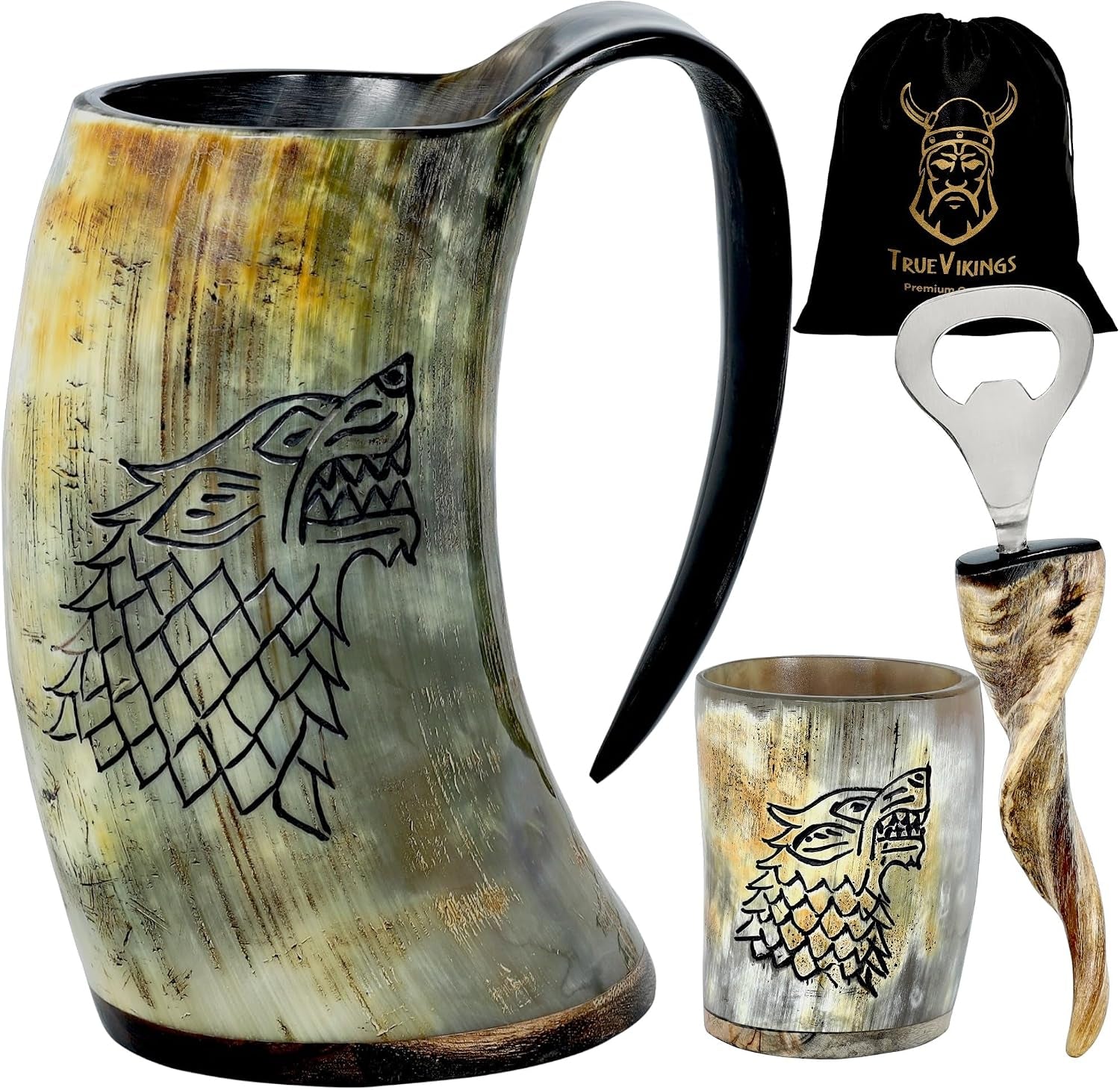 Drinking Horn Mug 16-20 Oz – Gifts for Men, Dad, Husband – Unique Viking Gift – Handmade Authentic Ox Horn Cup with Shot Glass & Opener – for Beer, Ale, Mead – Natural Polished (Fenrir)
