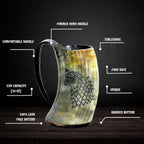 Drinking Horn Mug 16-20 Oz – Gifts for Men, Dad, Husband – Unique Viking Gift – Handmade Authentic Ox Horn Cup with Shot Glass & Opener – for Beer, Ale, Mead – Natural Polished (Fenrir)