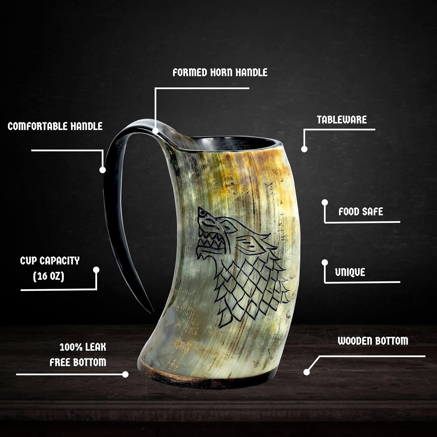 Drinking Horn Mug 16-20 Oz – Gifts for Men, Dad, Husband – Unique Viking Gift – Handmade Authentic Ox Horn Cup with Shot Glass & Opener – for Beer, Ale, Mead – Natural Polished (Fenrir)