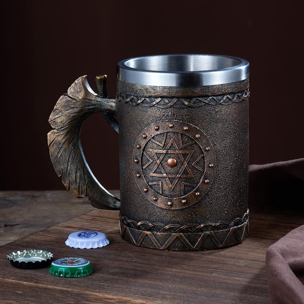 Viking Axe Mug, Stainless Steel Horn Beer Cup, Viking Warrior Skull Cup Tankard, Drinking Cup Coffee Beer Steins,Medieval Skull Drinkware Mug for Coffee/Beverage/Juice17Oz Gift for Men