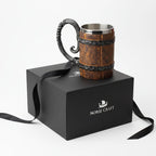 Viking Beer Mug – Double Wall Insulated Wood Style Drinking Cup with Handle