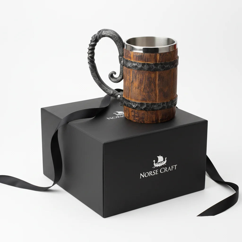 Viking Beer Mug – Double Wall Insulated Wood Style Drinking Cup with Handle