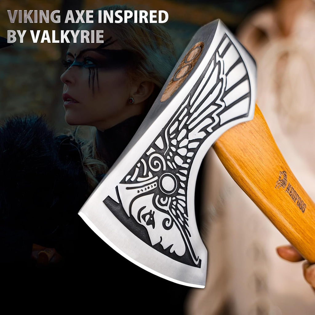 13" Valkyrie Viking Axe, Handmade Viking Hatchet W/Leather Sheath | High Carbon 1055 Steel Blade, Premium Viking Axes Design for Camping Bushcraft Hatchet, Collection Gift for Men Women