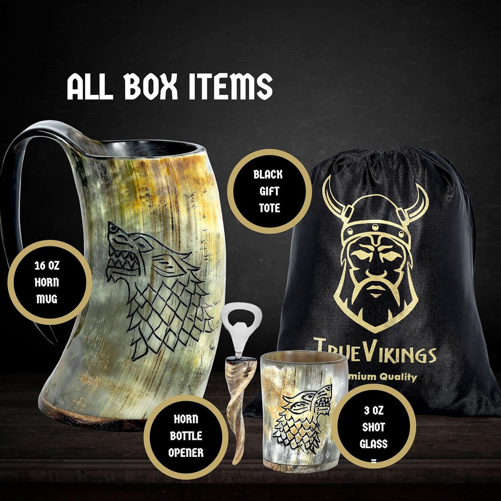 Drinking Horn Mug 16-20 Oz – Gifts for Men, Dad, Husband – Unique Viking Gift – Handmade Authentic Ox Horn Cup with Shot Glass & Opener – for Beer, Ale, Mead – Natural Polished (Fenrir)