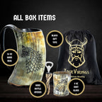 Drinking Horn Mug 16-20 Oz – Gifts for Men, Dad, Husband – Unique Viking Gift – Handmade Authentic Ox Horn Cup with Shot Glass & Opener – for Beer, Ale, Mead – Natural Polished (Fenrir)