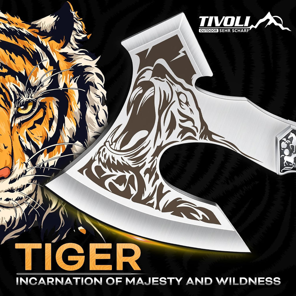 Camping Axe, Tiger - Patterned Survival Hatchet with Nylon Sheath | High Carbon Steel Blade, Ergonomic Wood Grip, Nylon Sheath, Unique Pattern Design, for Hiking, Chopping, Hunting