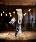 Viking Drinking Horn with Stand & Thor Bottle Opener | Norse Medieval Authentic Ox Horn for Ale, Mead, Whiskey | Unique Gifts for Men & Women | 16-20 Oz Odin & Vegvisir