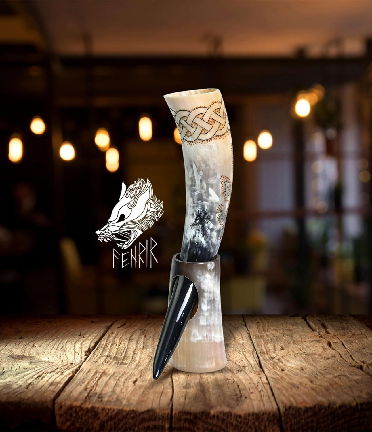 Viking Drinking Horn with Stand & Thor Bottle Opener | Norse Medieval Authentic Ox Horn for Ale, Mead, Whiskey | Unique Gifts for Men & Women | 16-20 Oz Odin & Vegvisir