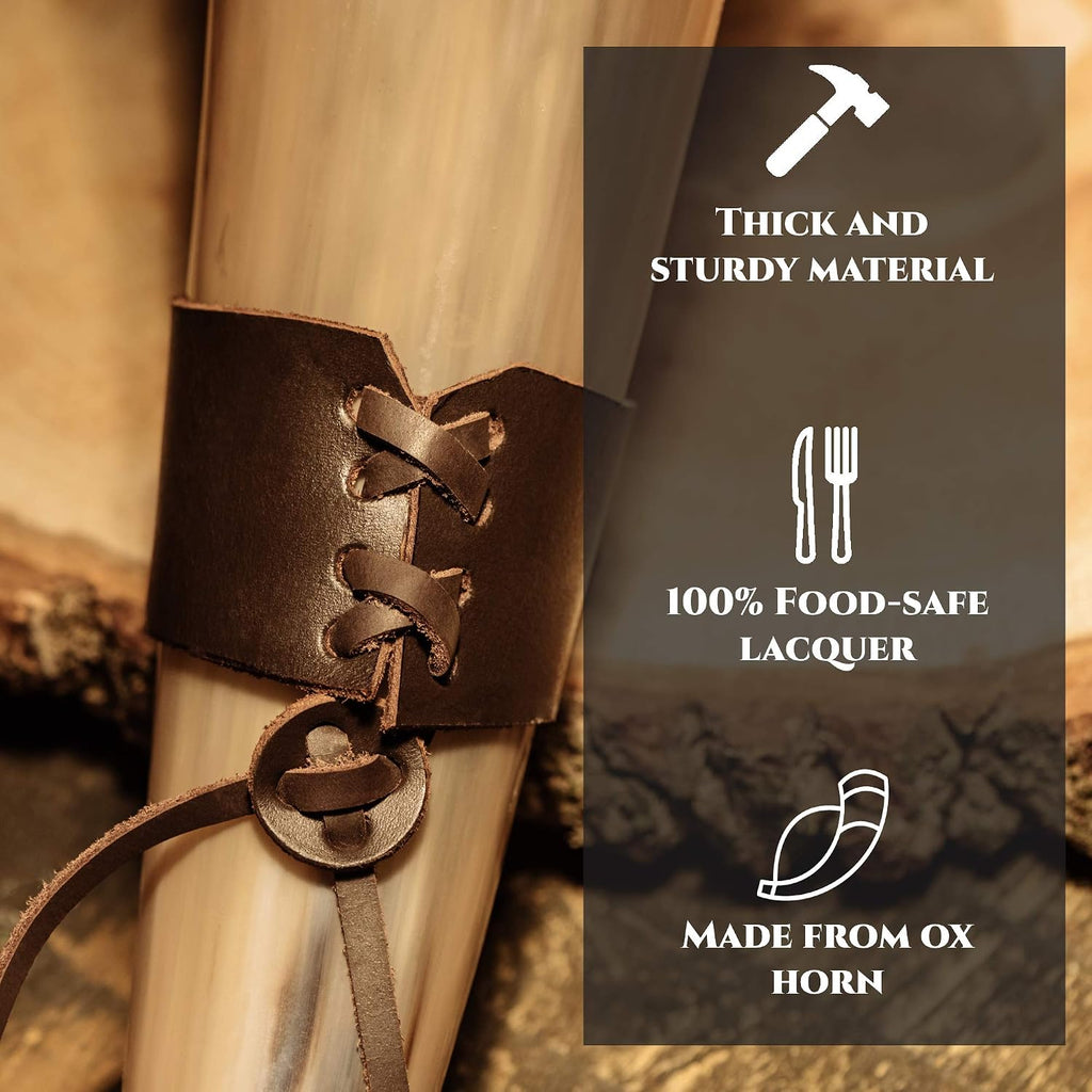 Viking Drinking Horn 15-20 Oz with Metal Stand | Hand-Crafted Ox Horn Cup for Mead, Ale, Beer | Medieval Norse Gift & Home Bar Décor, Food-Safe Lacque Unique Beer Gift for Men and Women
