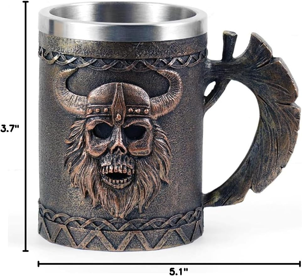 Viking Axe Mug, Stainless Steel Horn Beer Cup, Viking Warrior Skull Cup Tankard, Drinking Cup Coffee Beer Steins,Medieval Skull Drinkware Mug for Coffee/Beverage/Juice17Oz Gift for Men