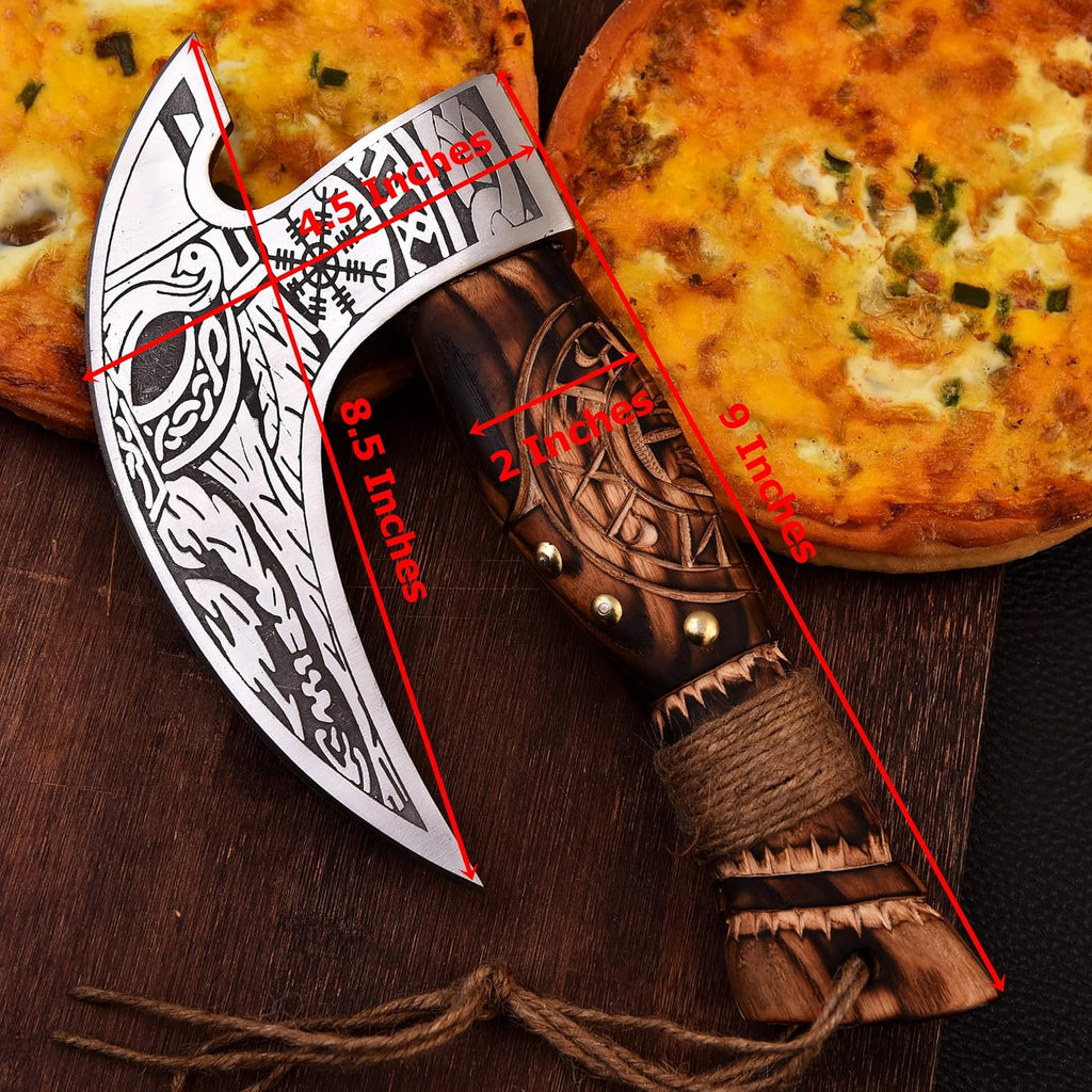 Pizza Cutter Axe Carbon Steel Slicer Chef Viking Axe with Leather Cover - Premium Pizza Oven Accessories Ulu Rocking Pizza Gifts for Men (Engraved Ash Wood)