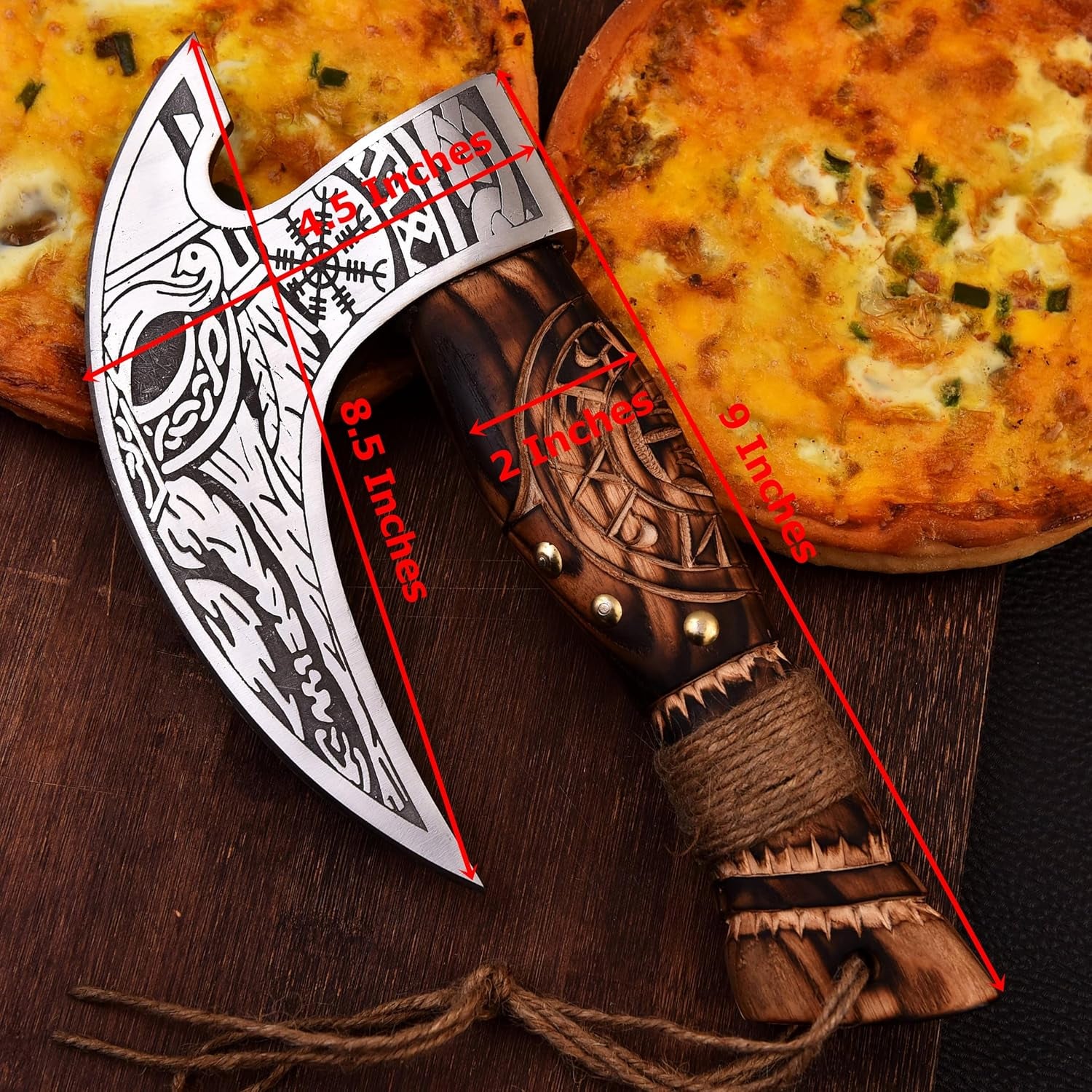 Pizza Cutter Axe Carbon Steel Slicer Chef Viking Axe with Leather Cover - Premium Pizza Oven Accessories Ulu Rocking Pizza Gifts for Men (Engraved Ash Wood)