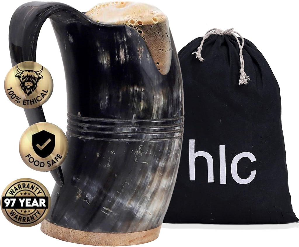 Horn Mug Beer Mug for Men, Ale Horn Mugs for Christmas Gift (L - 16 Oz, Eternal | Natural Finish)