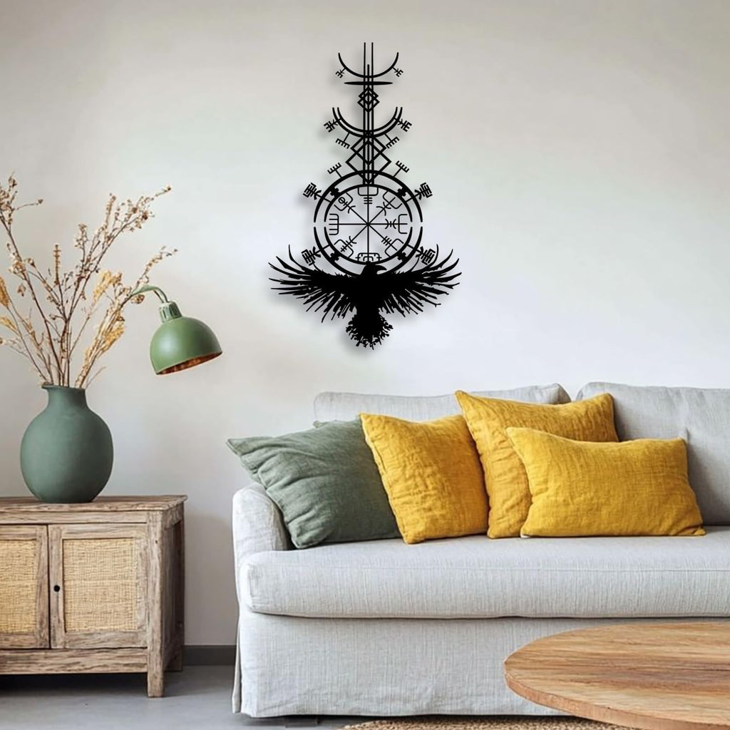 Gothic Raven Viking Metal Wall Decor - Nordic Style Room Decor Black Wall Art Home Decor for Living Room, Bedroom, Dining Room (Black)