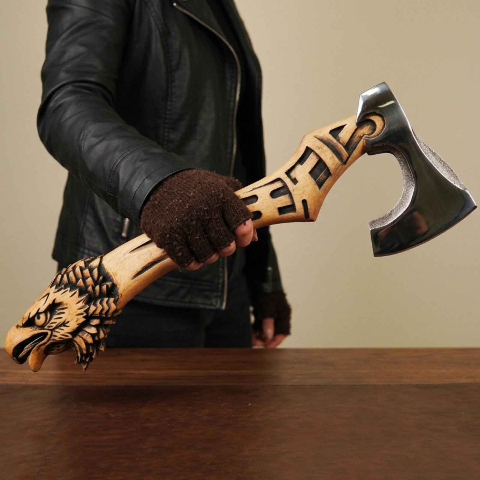 High Quality Carbon Steel Handmade Eagle Handle Viking Sculpture Axe with Sheath