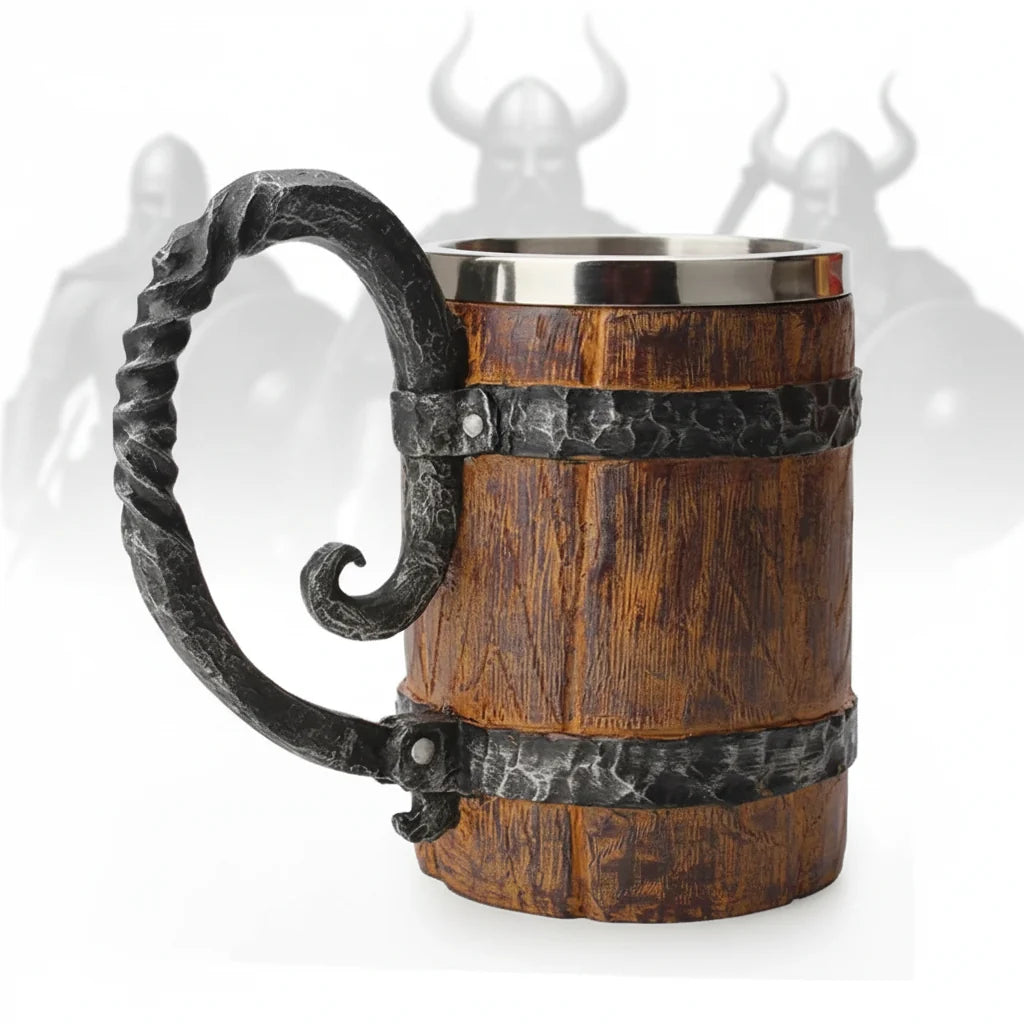 Viking Beer Mug – Double Wall Insulated Wood Style Drinking Cup with Handle